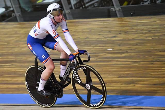 Britain's Katie Archibald reacts after competing in the women's Omnium in France.  (Photo by DENIS CHARLET/AFP via Getty Images)
