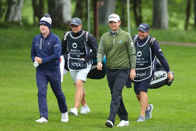 Bob MacIntyre and Bernd Wiesberger with their caddies during this week's Made in HimmerLand presented by FREJA at Himmerland Golf & Spa Resort in Aalborg, Denmark. Picture: Andrew Redington/Getty Images.