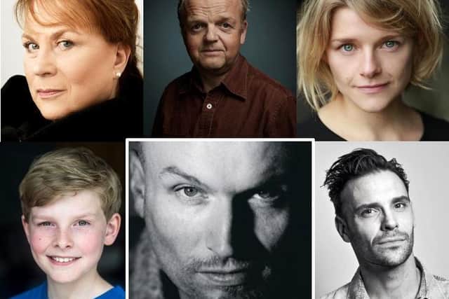 Clockwise from bottom left: Jackson Laing, Pam Ferris, Toby Jones, Matti Houghton and Joseph Millson appear in Mark Ravenhill's audio play Angela