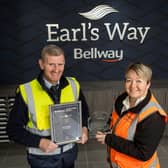 Peter Lawrie receiving 2023 Bellway National Health and Safety Award from Claire Birkhead 