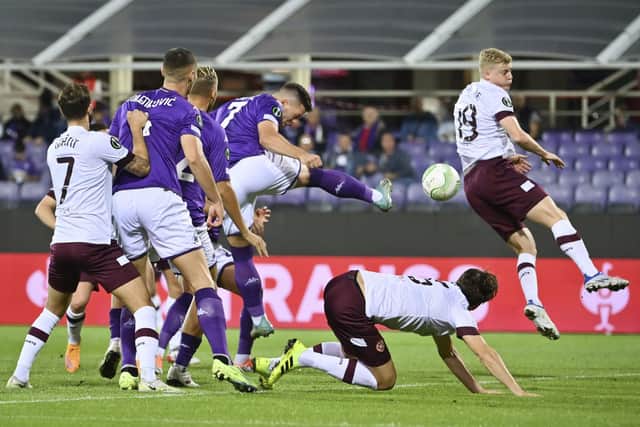 Fiorentina's Luka Jovic, third from right, scores his side's opening goal against Hearts on Thursday.