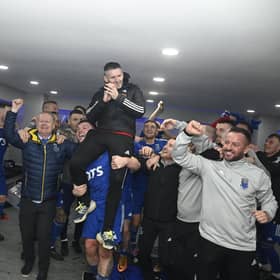 Darvel manager Mick Kennedy and owner John Gall lead celebrations after their win over Aberdeen.