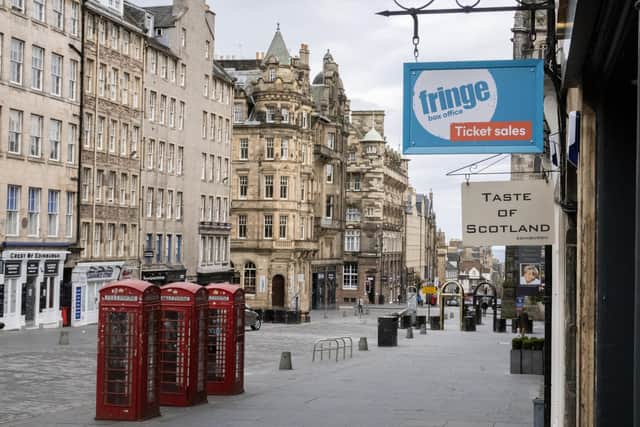 The normally bustling Fringe box office on the Royal Mile.