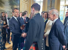 Archippus Sturrock and French President Emmanuel Macron shake hands at the Franco-British Summit at the Élysée Palace in Paris (Picture: Helene Ba)