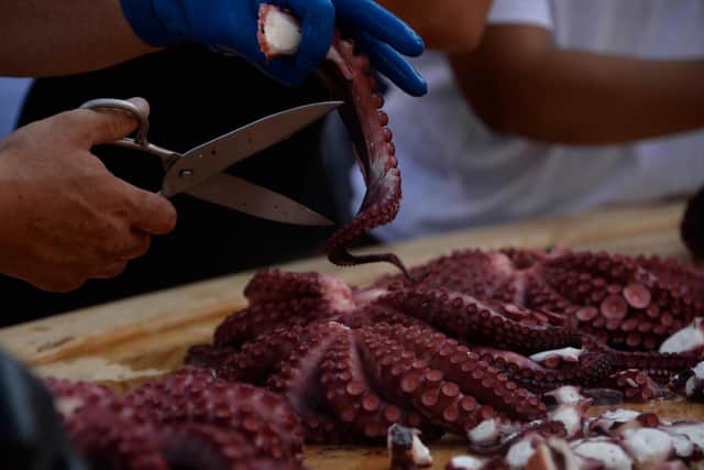 Cooks prepare the world's biggest octopus tapa cooked in Carballino, Spain (Picture: Miguel Riopa/AFP via Getty Images)