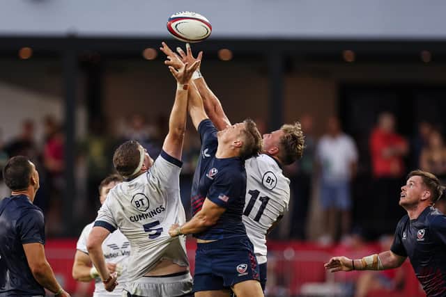 Scotland's Scott Cummings and Duhan van der Merwe contest a high ball with US winger Conner Mooneyham during the second half at Audi Field. (Photo by Scott Taetsch/Getty Images for Scottish Rugby)