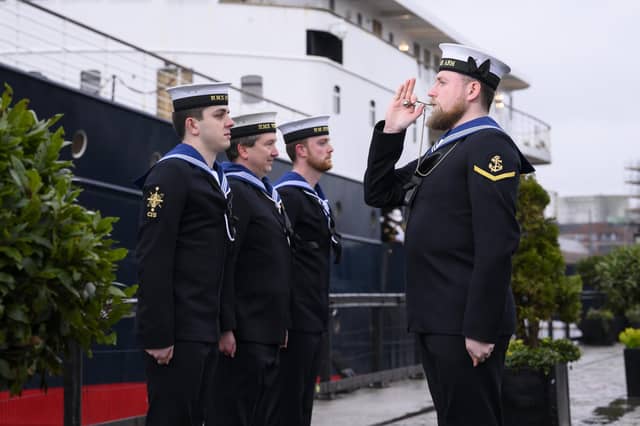 The Royal Navy helped launch year's Royal Edinburgh Military Tattoo at the luxury floating hotel Fingal in Leith Docks. Picture: Ian Georgeson