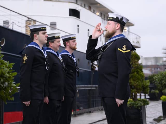 The Royal Navy helped launch year's Royal Edinburgh Military Tattoo at the luxury floating hotel Fingal in Leith Docks. Picture: Ian Georgeson