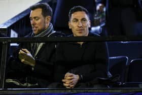 New Ayr United manager Scott Brown takes in the match against Arbroath from the stand alongside his assistant Steven Whittaker. (Photo by Ross MacDonald / SNS Group)
