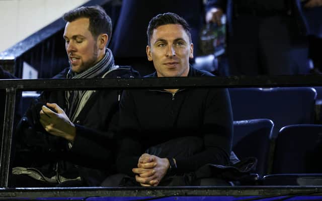 New Ayr United manager Scott Brown takes in the match against Arbroath from the stand alongside his assistant Steven Whittaker. (Photo by Ross MacDonald / SNS Group)