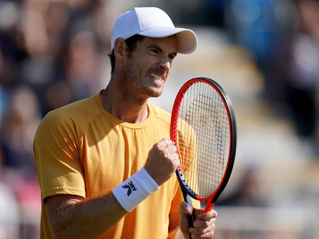Andy Murray reacts during his match against Bu Yunchaokete (not pictured) on day three of the 2023 Lexus Surbiton Trophy.