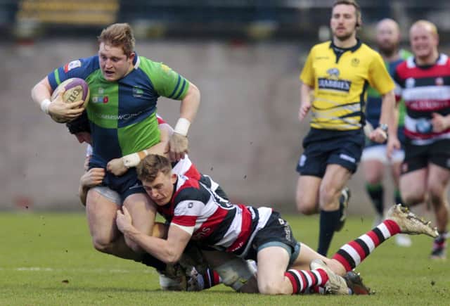 Johnny Matthews came through the club rugby ranks and is pictured in action for Boroughmuir against Stirling County in 2019.