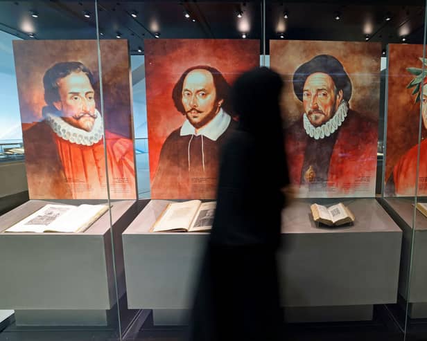 Michel de Montaigne, seen third from left with Miguel de Cervantes, William Shakespeare and Dante Alighieri, was keen to question perceived wisdom, to the point of seeing life from the viewpoint of his cat (Picture: Giuseppe Cacace/AFP via Getty Images)