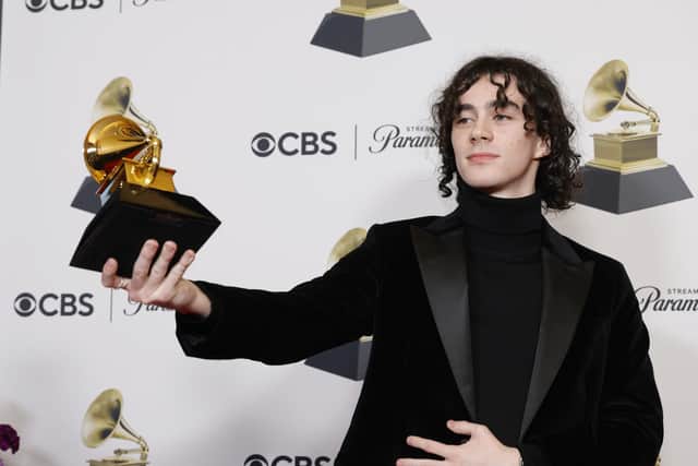Glaswegian music producer and songwriter Blair Ferguson, who is also known as BLK Beats, poses with the Grammy for Best R&B Song for 'Snooze' by Snooze. Picture: Frazer Harrison