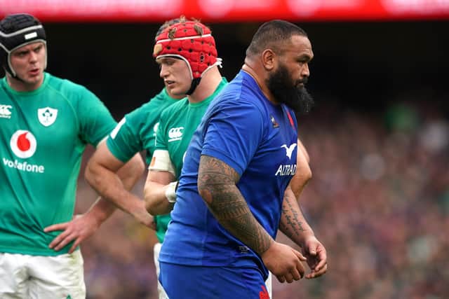 France's Uini Atonio leaves the field after being shown a yellow card for a dangerous tackle on Ireland hooker Rob Herring. Picture: Brian Lawless/PA Images