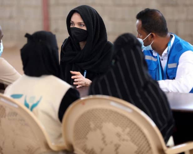 Angelina Jolie meets Somali refugees who fled their homes and found safety in Yemen in March.