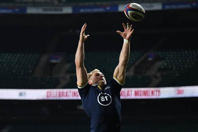Not this time: The bouncing ball just eludes Duhan van der Merwe after Finn Russell's cross-field kick. Picture: Mike Hewitt/Getty Images