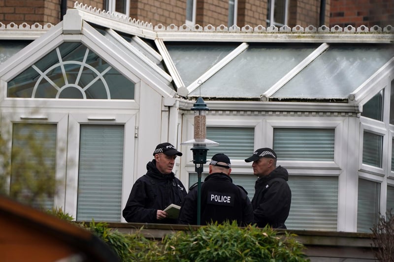 Officers from Police Scotland at the home of former chief executive of the Scottish National Party (SNP) Peter Murrell, in Uddingston, Glasgow, after he was arrested in connection with the ongoing investigation into the funding and finances of the party.
