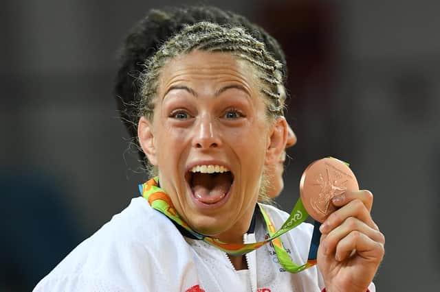 Sally Conway celebrates her Olympic bronze medal in the -70kg judo contest at the 2016 Games in Rio. Picture: AFP via Getty Images