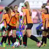 Glasgow City's Vital Kats (left) celebrates her goal during a UEFA Women's Champions League Champions. (Photo by Ross MacDonald / SNS Group)