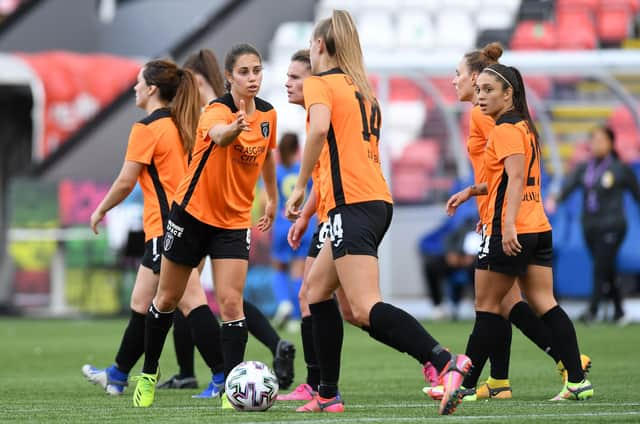 Glasgow City's Vital Kats (left) celebrates her goal during a UEFA Women's Champions League Champions. (Photo by Ross MacDonald / SNS Group)