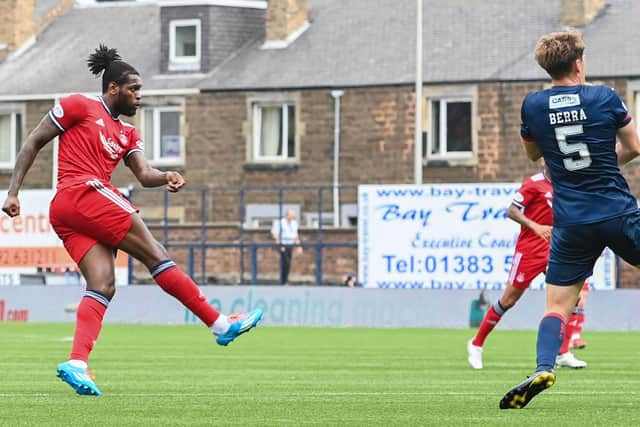 Jay Emmanuel-Thomas gives Aberdeen the lead with a fierce strike against Raith Rovers.