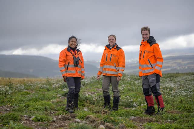 Three of Scottish Woodlands recent graduates, L-R: Amauta Halvorsen, Yolanda Piotrowicz, and Lewis Taylor. Picture: Phil Wilkinson / Scottish Woodlands