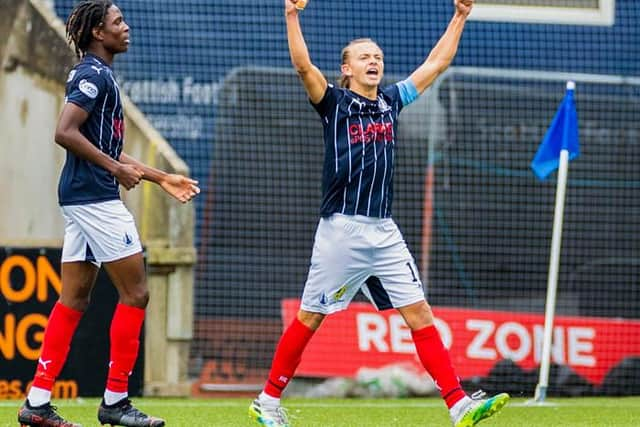 Falkirk's Aidan Nesbitt celebrates after equalising and making it 1-1 during an SPFL Trust Trophy match between Kilmarnock and Falkirk at Rugby Park, on September 04, 2021, in Kilmarnock, Scotland (Photo by Roddy Scott / SNS Group)