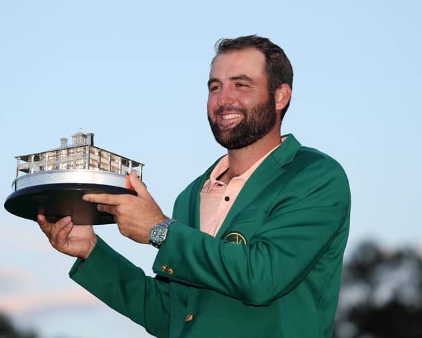 Scottie Scheffler poses with the trophy after winning the 2024 Masters Tournament at Augusta National Golf Club. Picture: Warren Little/Getty Images.
