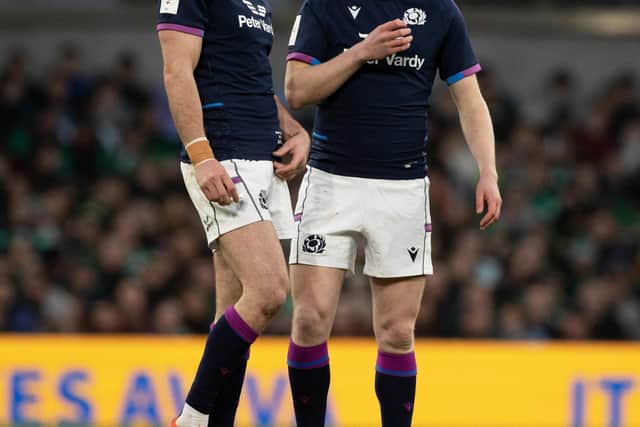 Blair Kinghorn, left, started ahead of Finn Russell at 10 against Ireland but Russell came on late in the game. (Photo by Craig Williamson / SNS Group)