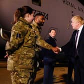 Prime Minister Boris Johnson meeting military personnel at RAF Brize Norton in Oxfordshire to thank them for their ongoing work facilitating military support to Ukraine and NATO.