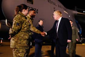 Prime Minister Boris Johnson meeting military personnel at RAF Brize Norton in Oxfordshire to thank them for their ongoing work facilitating military support to Ukraine and NATO.