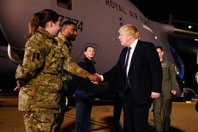Prime Minister Boris Johnson meeting military personnel at RAF Brize Norton in Oxfordshire to thank them for their ongoing work facilitating military support to Ukraine and NATO.