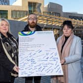 From left Head of Haven Products, Karen Motherwell with workers Calum Stewart and Lynne Paterson at the Scottish Parliament.