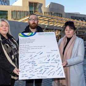 From left Head of Haven Products, Karen Motherwell with workers Calum Stewart and Lynne Paterson at the Scottish Parliament.
