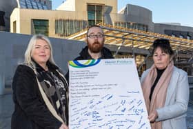 From left Head of Haven Products, Karen Motherwell with workers Calum Stewart and Lynne Paterson at the Scottish Parliament.
