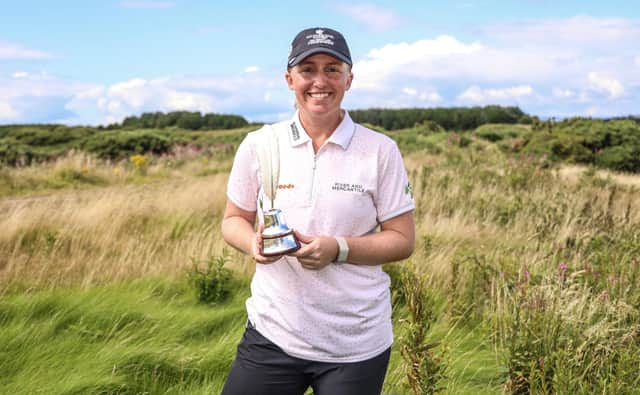 Gemma Dryburgh shows off the Jock MacVicar Award after finishing as the leading home player in the Freed Group Women's Scottish Open at Dundonald Links. Picture: Oisin Keniry/IMG