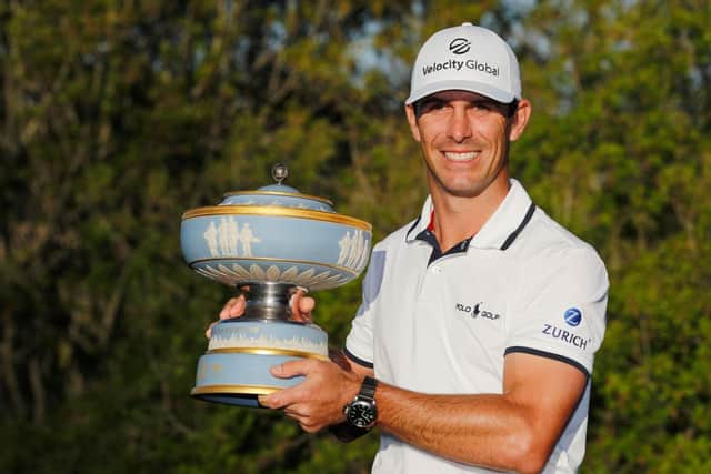 Billy Horschel celebrates with the Walter Hagen Cup after winning the World Golf Championships-Dell Technologies Match Play at Austin Country Club in Texas. Picture: Michael Reaves/Getty Images.