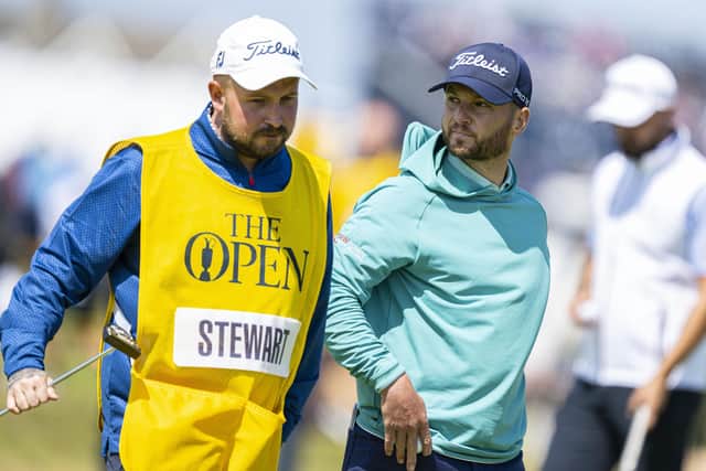 Michael Stewart and his caddie Stuart Muir, who is the bar manager at Kilmarnock (Barassie). Picture: Tom Russo/The Scotsman.