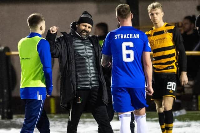 Cove Rangers Manager Paul Hartley celebrates with match winner Ryan Strachan at Full Time during a Scottish Cup tie between Alloa Athletic and Cove Rangers at The Indodrill Stadium, on January 09, 2021, in Alloa, Scotland. (Photo by Mark Scates / SNS Group)