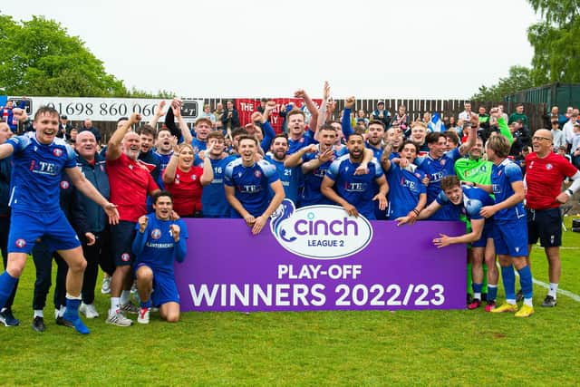 Spartans celebrate promotion to the SPFL after the Scottish League two play-off final win over Albion Rovers. (Photo by Sammy Turner / SNS Group)