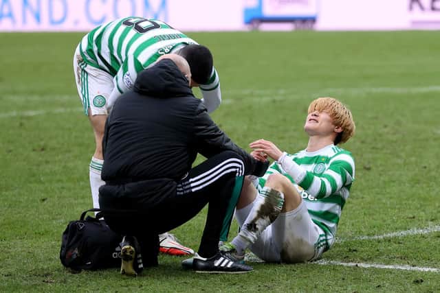 Celtic's Kyogo Furuhashi aggravated his hamstring injury against St Johnstone.