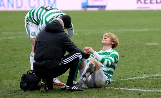 Celtic's Kyogo Furuhashi aggravated his hamstring injury against St Johnstone.
