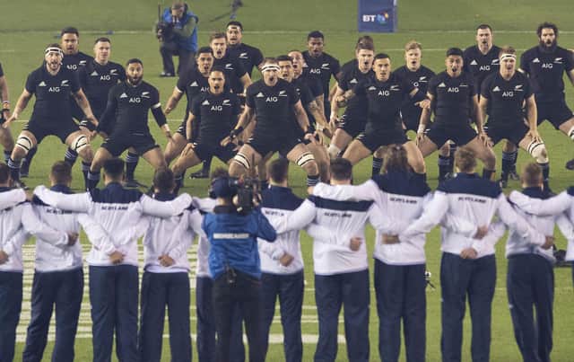 Scotland face up to the New Zealand Haka at Murrayfield in 2017. Picture: Paul Devlin/SNS