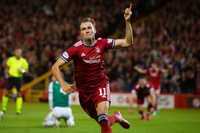 Ryan Hedges celebrates the second of his two goals as Aberdeen secured a 2-1 second leg, 5-3 aggregate win, over Breidablik at Pittodrie (Photo by Mark Scates / SNS Group)