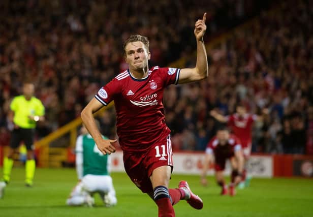 Ryan Hedges celebrates the second of his two goals as Aberdeen secured a 2-1 second leg, 5-3 aggregate win, over Breidablik at Pittodrie (Photo by Mark Scates / SNS Group)
