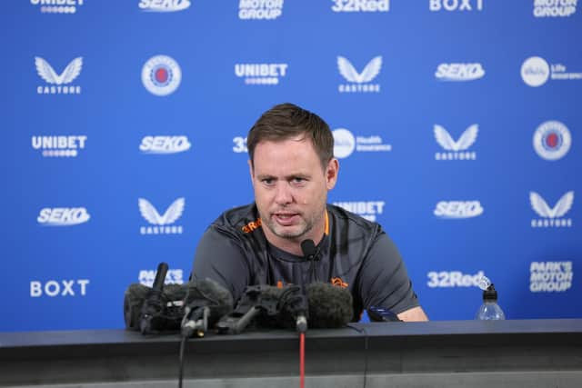 Rangers manager Michael Beale addresses the media ahead of the Champions League third qualifying round first leg tie against Servette.  (Photo by Craig Foy / SNS Group)