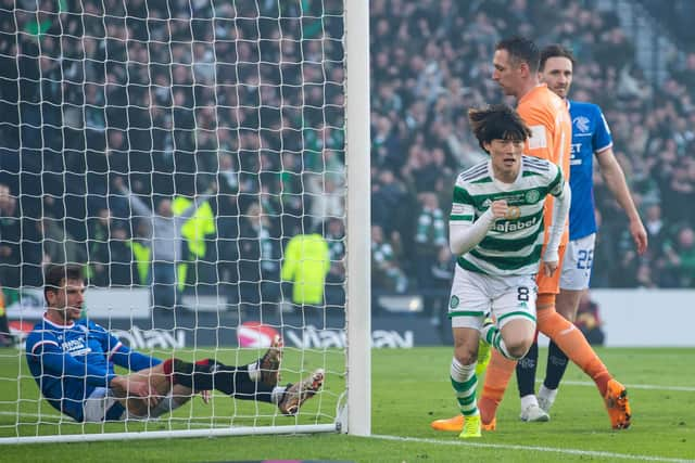 Celtic's Kyogo Furuhashi celebrates scoring his second goal against Rangers at Hampden.