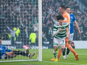 Celtic's Kyogo Furuhashi celebrates scoring his second goal against Rangers at Hampden.