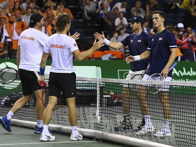 GB's Andy Murray and Joe Salisbury suffered defeat in the doubles at the Davis Cup in Glasgow. (Photo by Rob Casey / SNS Group)